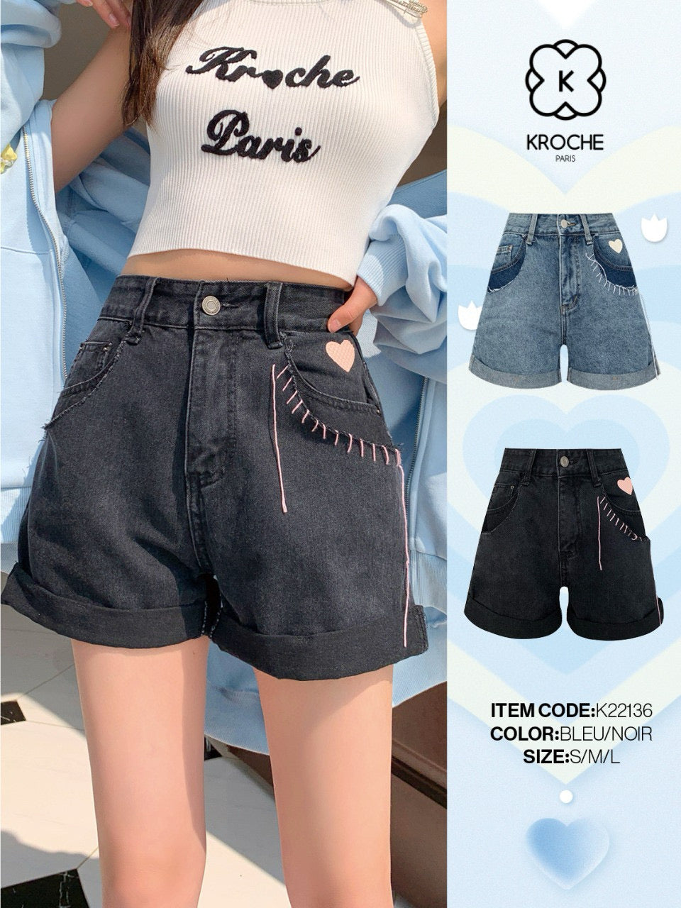 High-Waisted Denim Shorts with Faux Double Pockets