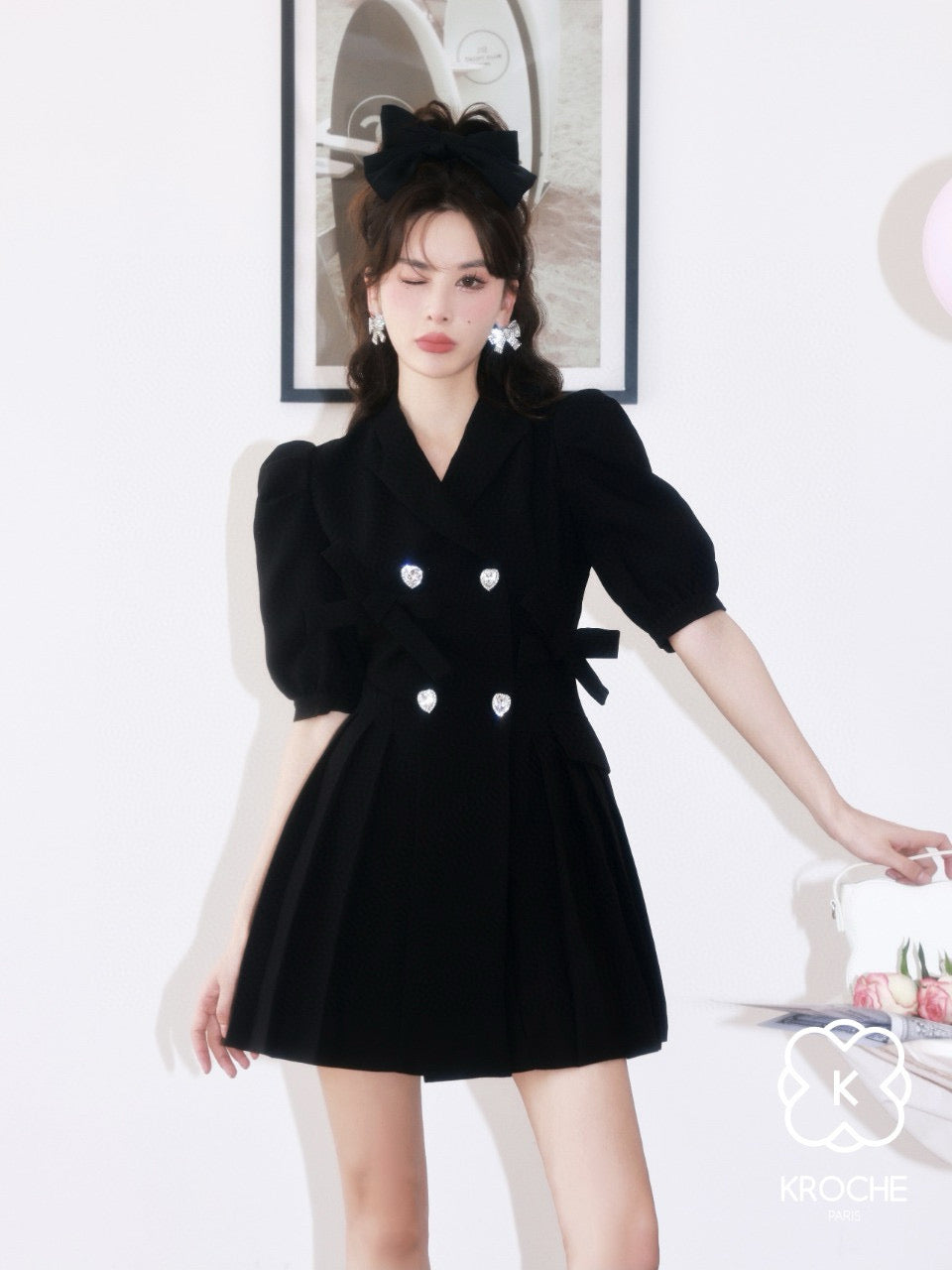 Heart Rhinestone Bow Blazer Dress