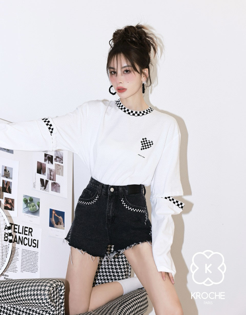 Checkered Edge Leather Patch Denim Shorts