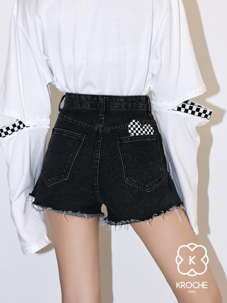 Checkered Edge Leather Patch Denim Shorts