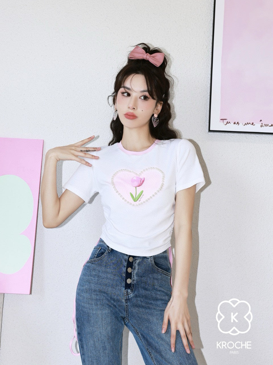 Tulip Pearl Heart Print Ruched T-Shirt