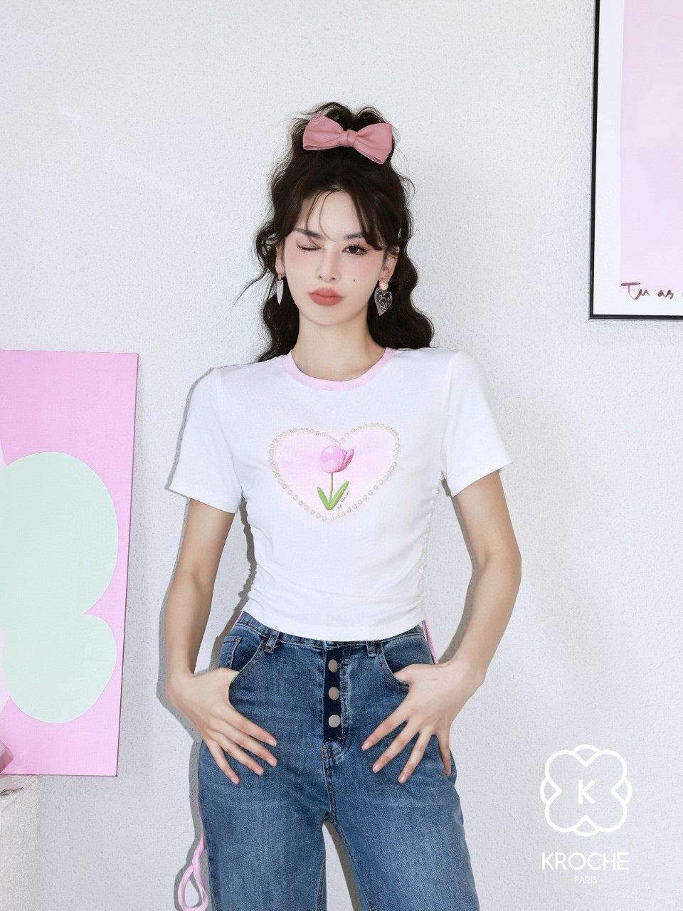 Tulip Pearl Heart Print Ruched T-Shirt