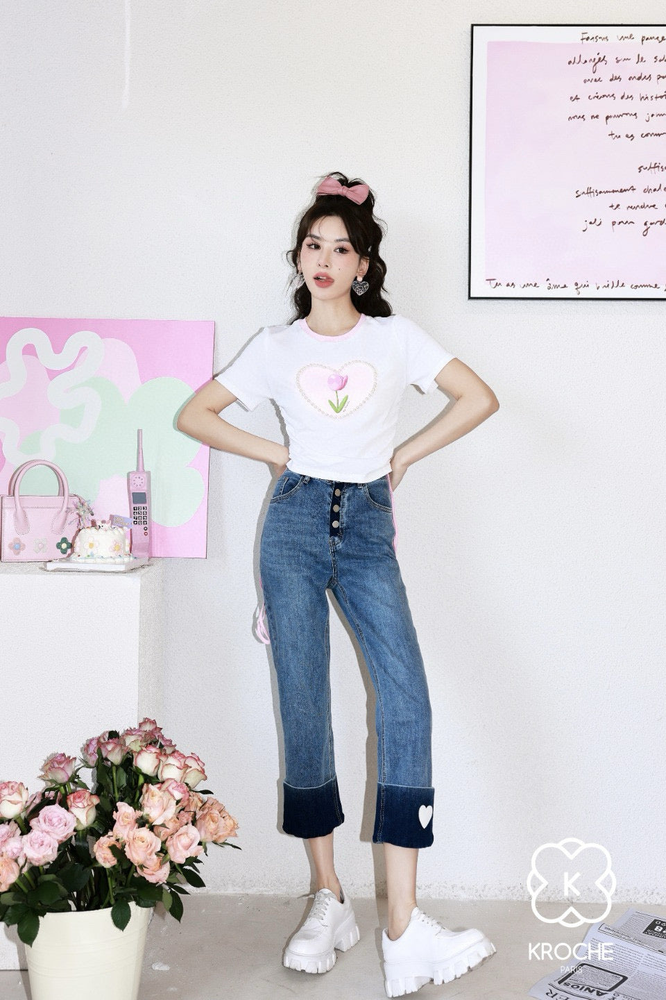 Tulip Pearl Heart Print Ruched T-Shirt