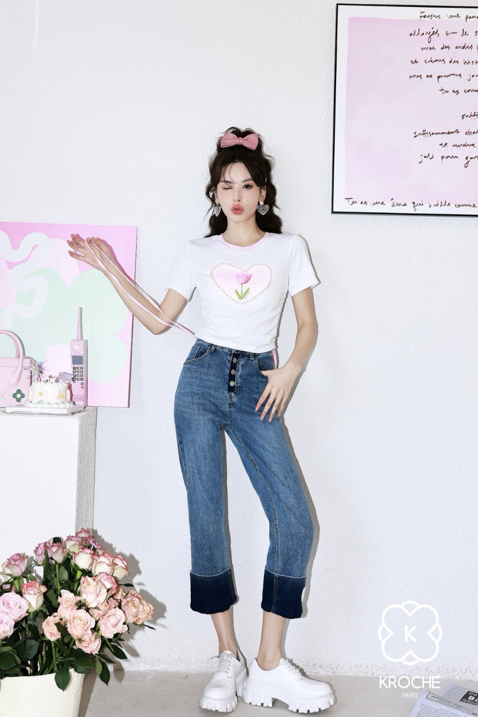 Tulip Pearl Heart Print Ruched T-Shirt