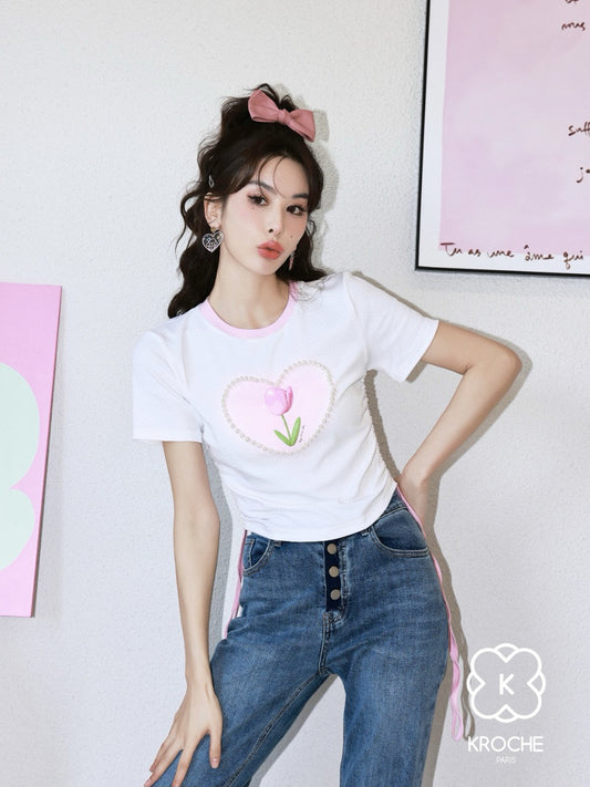 Tulip Pearl Heart Print Ruched T-Shirt