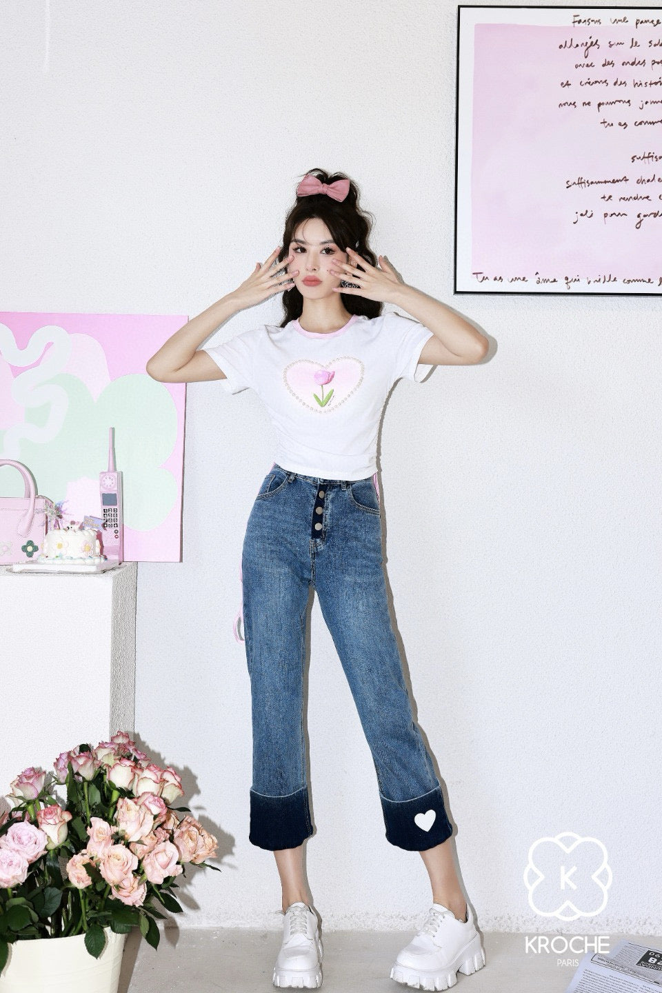 Tulip Pearl Heart Print Ruched T-Shirt