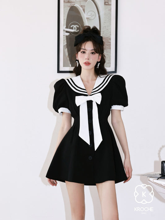 Contrast Navy Collar 3D Bow Blazer Dress