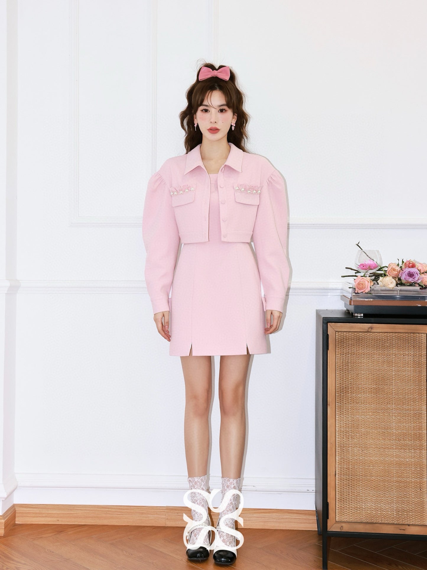 Pearl Pink Strap Jacket Two-Piece Set