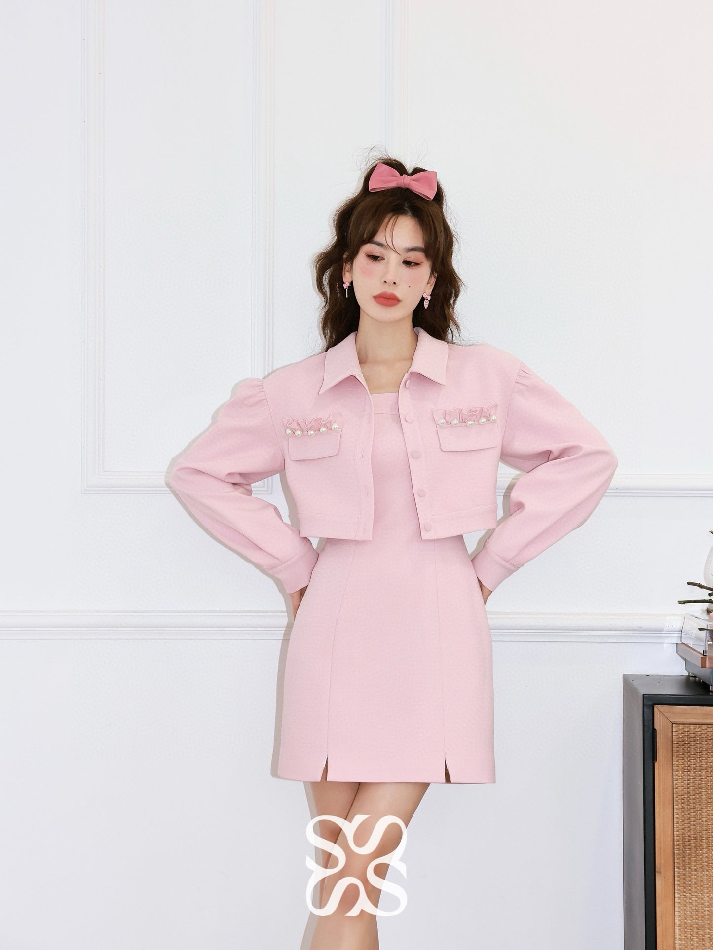 Pearl Pink Strap Jacket Two-Piece Set